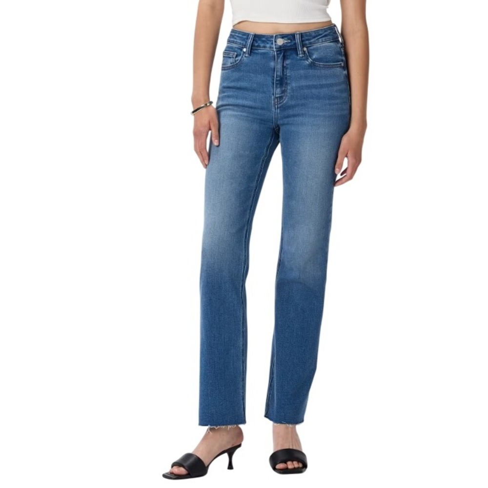 Quince Women's Bella Straight Leg High Rise Denim Jeans Twilight Blue Fray Sz 28